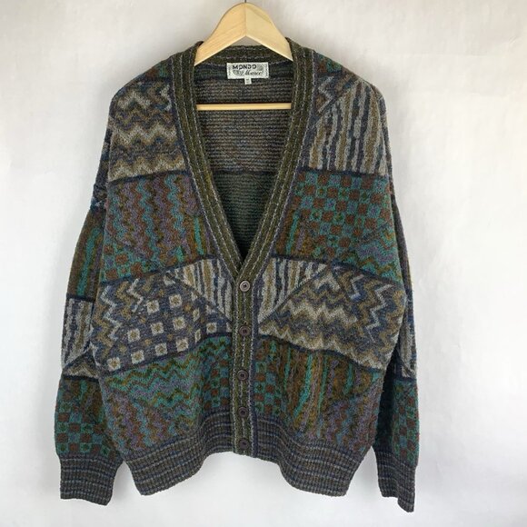 Vtg 90s MONDO DI MARCO Mens Medium Geometric Knit Cardigan Cosby Sweater Cobain - Picture 1 of 14